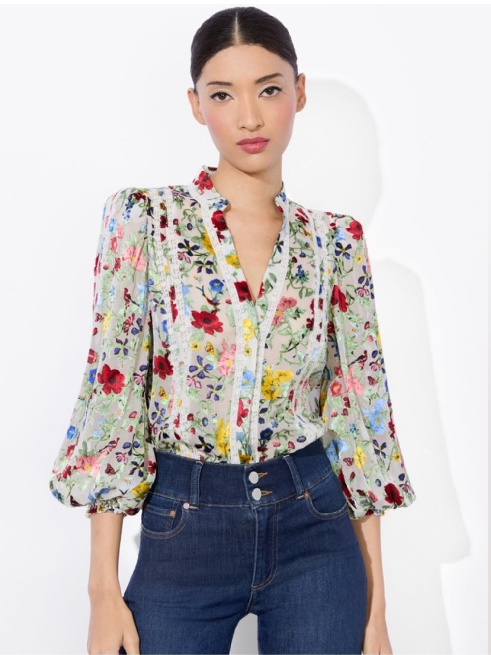 Alice + Olivia Floral Puff Sleeve V-Neck Blouse - Multicolor Viscose and Silk